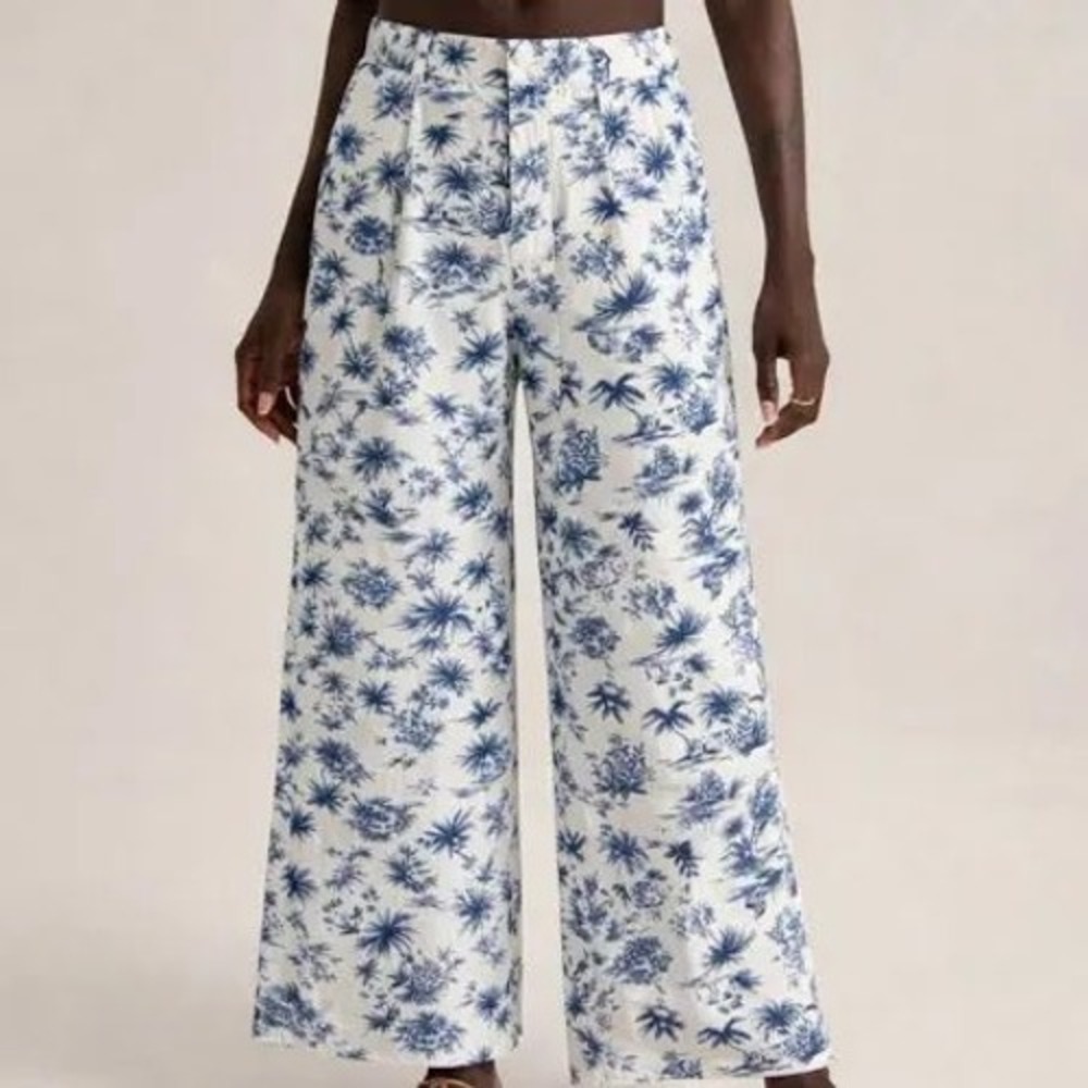 Abercrombie & Fitch women's Wide Leg Linen Pants XS Blue White Tropical Toile